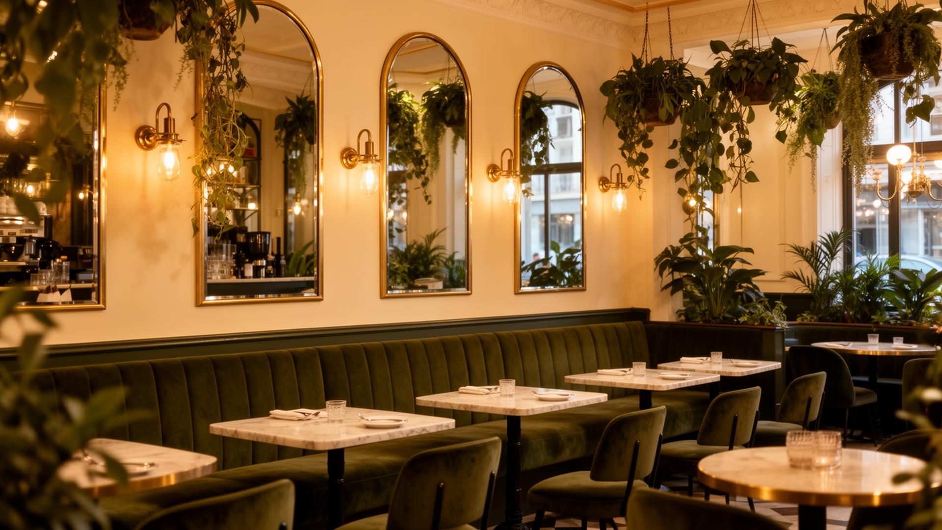 Botanical café interior with olive banquettes and brass lighting